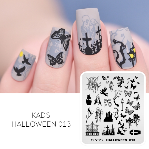 Halloween 013 Nail Stamping Plate Graveyard & Skeleton & Butterfly & Spiderweb & Coffin