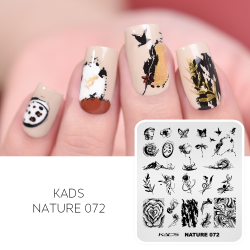 Nature 072 Nail Stamping Plate Light and Graceful Images of Water, Flower, Feather, Jellyfish and Butterfly