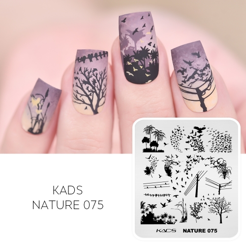 Nature 075 Nail Stamping Plate Flock of Birds, Trees, Poles and Wires