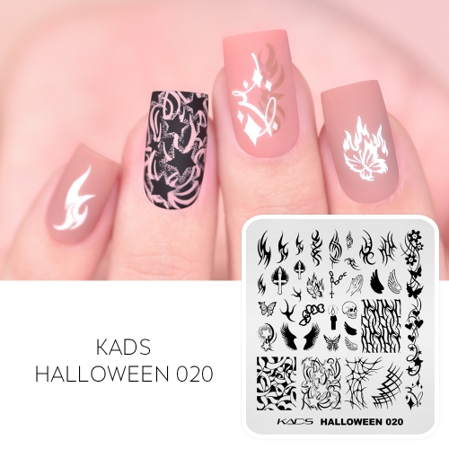 Halloween 020 Nail Stamping Plate Flames and Blade and Prayers and Cross and Skulls and Candle and Wings and Butterfly