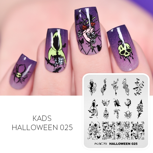Halloween 025 Nail Stamping Plate Death VS Life and Skull and Flower and Eyeball and Ribs and Spider Web
