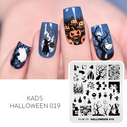 Halloween 019 Nail Stamping Plate Cute Ghost and Haunted House and Pumpkin and Deserted Forest