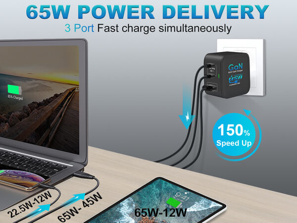 65W Power Delivery Charger Type C port is up to 65W output