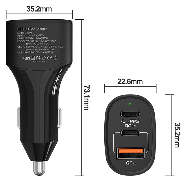 60W USB C Car Charger 2C + A, 30W USB C PD3.0 PPS