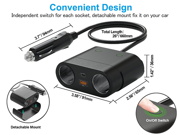 Dimension of the 120W 2 way cigarette lighter splitter and usb adapter 
