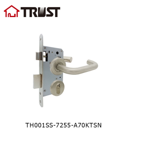 TRUST TH001-SS-7255-70KT Tube Door Lever Handle Lockset With Mortise Lock 7255 and Key-Turn Cylinder