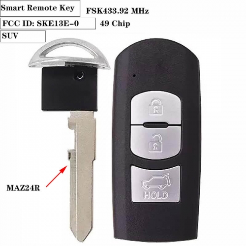 3button FSK433.92 MHz Smart Remote Key 49 Chip MAZ24R For Maz*da (SUV) 2017 CX-5 FCC ID: SKE13E-0