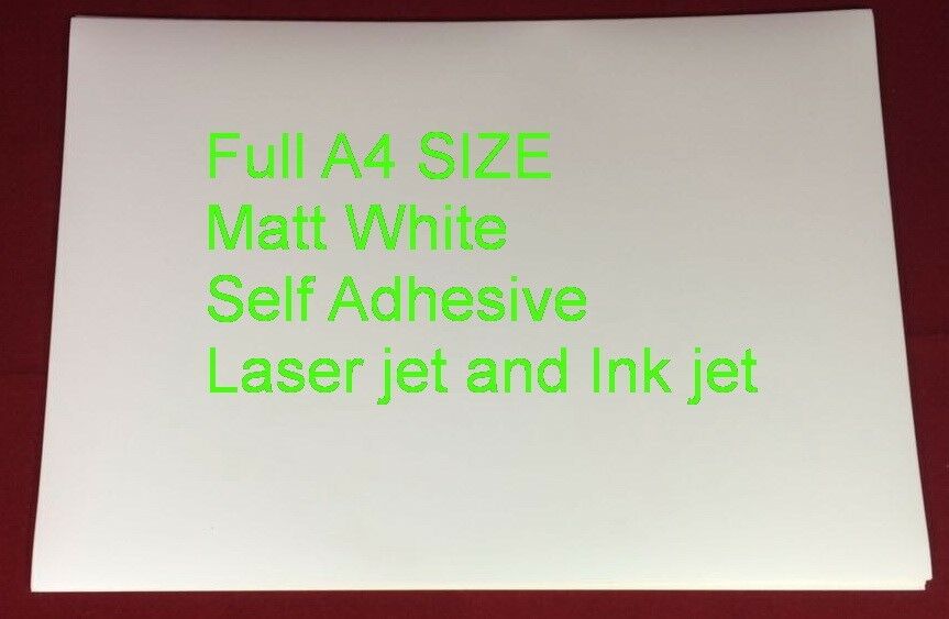 100 SHEETS A4 Matt White Self Adhesive Sticker Paper Ink and Laser Jet 