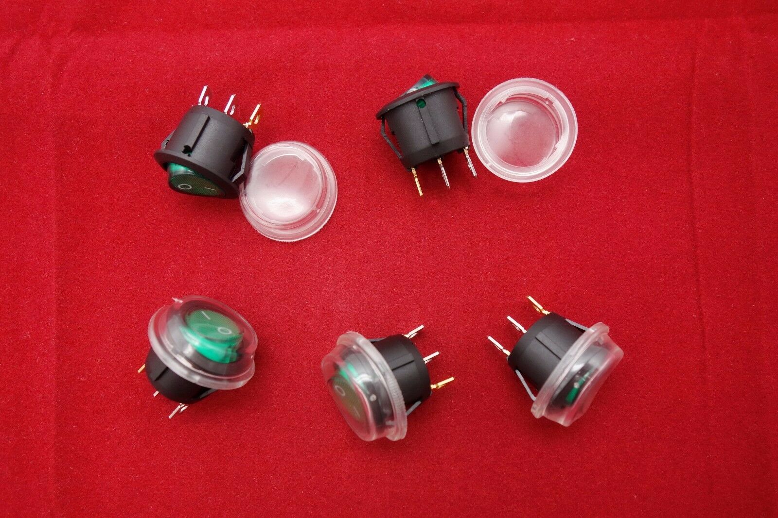 5Pcs 220V Green Illuminated Round 2 Position Rocker Switch with Waterproof Boot