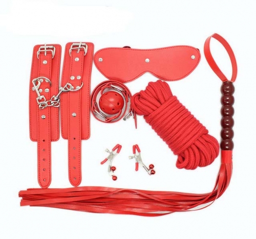 MOG stimulate bondage set Red six-piece set 10 m rope (mouth plug, milk clip, eye mask, handcuffs, gourd whip)  sex product for couples
