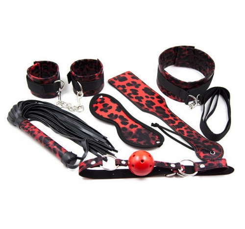 MOG Erotic restraint kit for adult game Black and red leopard leather six-piece set hancuffs whip  mask neck collar beat adults bdsm sex bondage set
