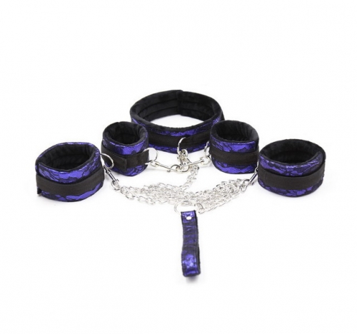 MOG BDSM bondage set Lace short plush velcro purple mouth ball handcuffs ankle eye mask neck set fetish slave bondage set