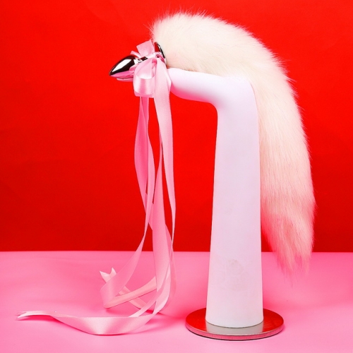 MOG Sex toys pink bow tie adult couples metal anal plug flirting white powder plush tail female anal hair anal plug