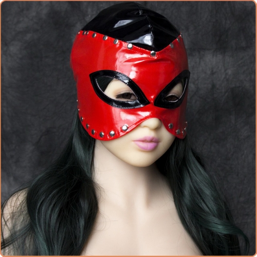 MOG Black and red studded open-eyed bright leather head MOG-BSD027