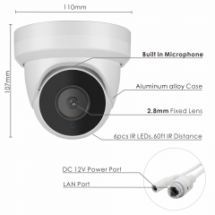 Inwerang 4K PoE IP Turret Camera, 2.8mm Lens Wide Angle , Mic. Audio in, WDR, Indoor&Outdoor IP66 Waterproof 60ft IR Night Vision Network Security Dome Camera, (Compatible Third-Part NVRs&Softwares)