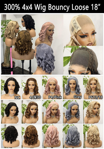 High Quality 300 Density 4*4 Lace Front Bouncy Wavy Human Hair Wigs for Black Women 18Inch Curl Wig