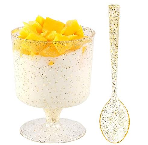 7oz Gold Glitter Plastic Dessert Cups With Spoons Wine Goblet Glasses