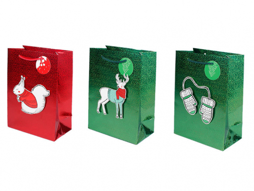 Holographic Printed Gift Bags W/ icons W/ Tag 12.5"