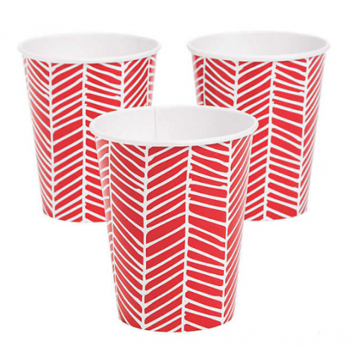 Red Herringbone Print Paper Cups 9oz