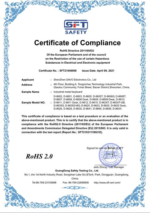 DAVO Metal Keyboard D-8602 Passed ROHS certification