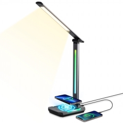 WILIT LED Schreibtischlampe mit Wireless Charging und USB Ladefunktion, RGB Gaming Tischlampe Dimmbar mit 3 Farben und 5 Helligkeits
