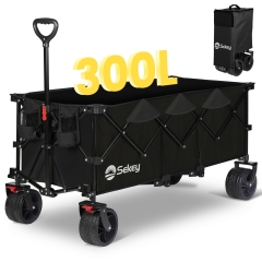 Sekey 300L / 150KG Faltbarer Bollerwagen, Patentiert Zusammenfaltbar aus Vier Richtungen, mit Bremsen und Extra Breiten Rädern