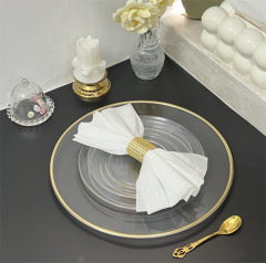 Wholesale Tableware Plastic Clear 13" Gold Rimmed Wedding Charger Plates For EventWholesale Tableware Plastic Clear 13" Gold Rimmed Wedding Charger Plates For Event