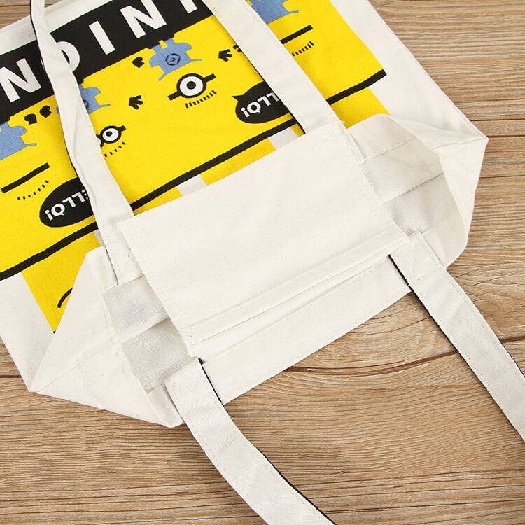 Detail display of canvas shopping bag with cartoon pattern