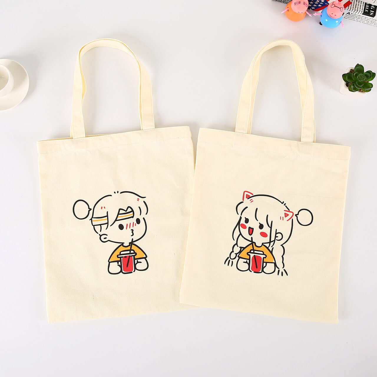 Animated figures are printed on canvas grocery bag