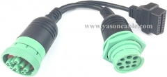 Green Type 2 J1939 9pin to OBD 2 and to Nut J1939 Splitter Y Cable for Truck Freightliner GPS ELD Tracker 30cm