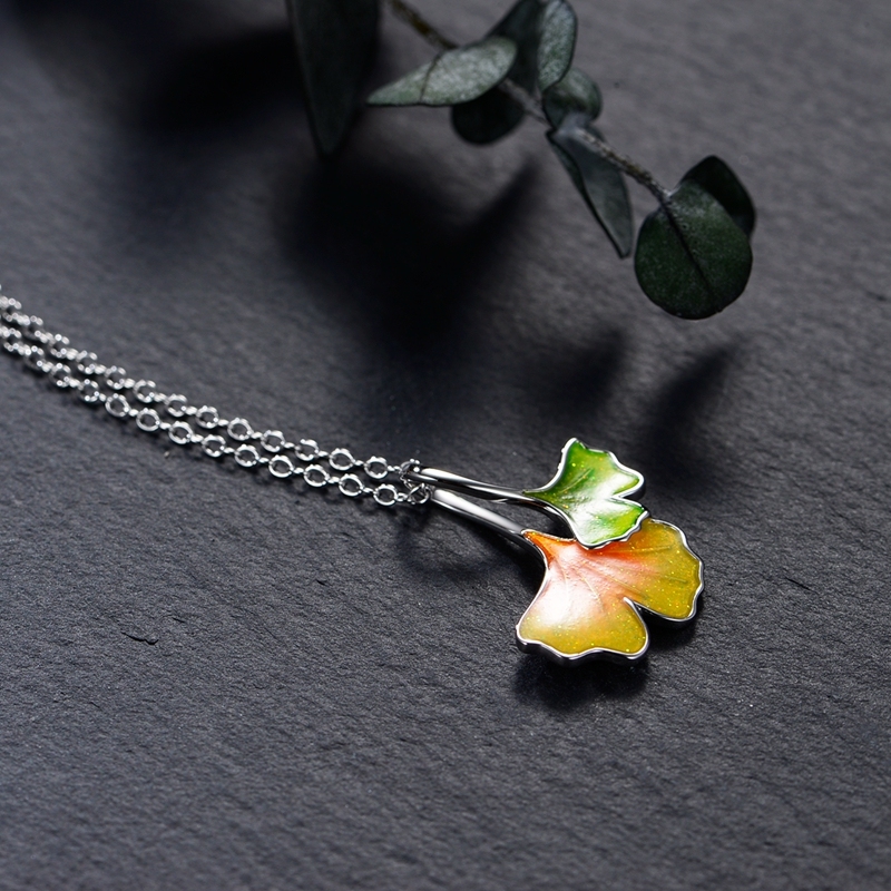 Double Ginkgo Leaf Enamel Necklace