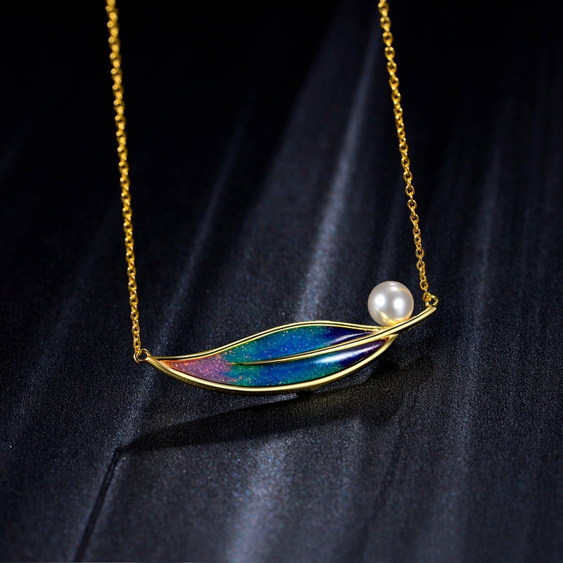 Feather Shape Enamel Pendant Necklace