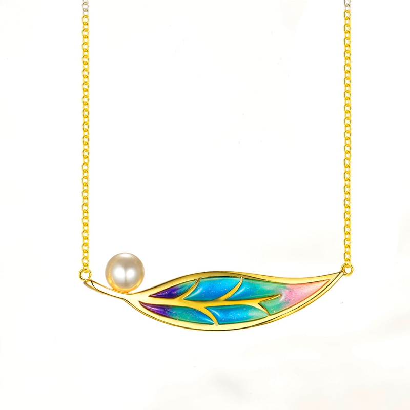 Feather Shape Enamel Pendant Necklace