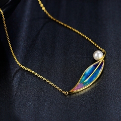 Feather Shape Enamel Pendant Necklace