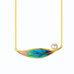 Feather Shape Enamel Pendant Necklace