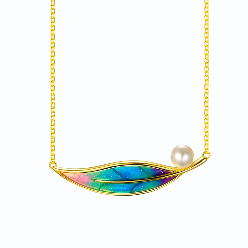 Feather Shape Enamel Pendant Necklace