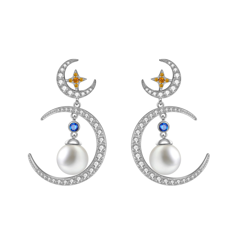 pearl star and moon stud earrings