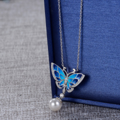 enamel butterfly pearl necklace