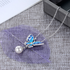 enamel butterfly pearl necklace