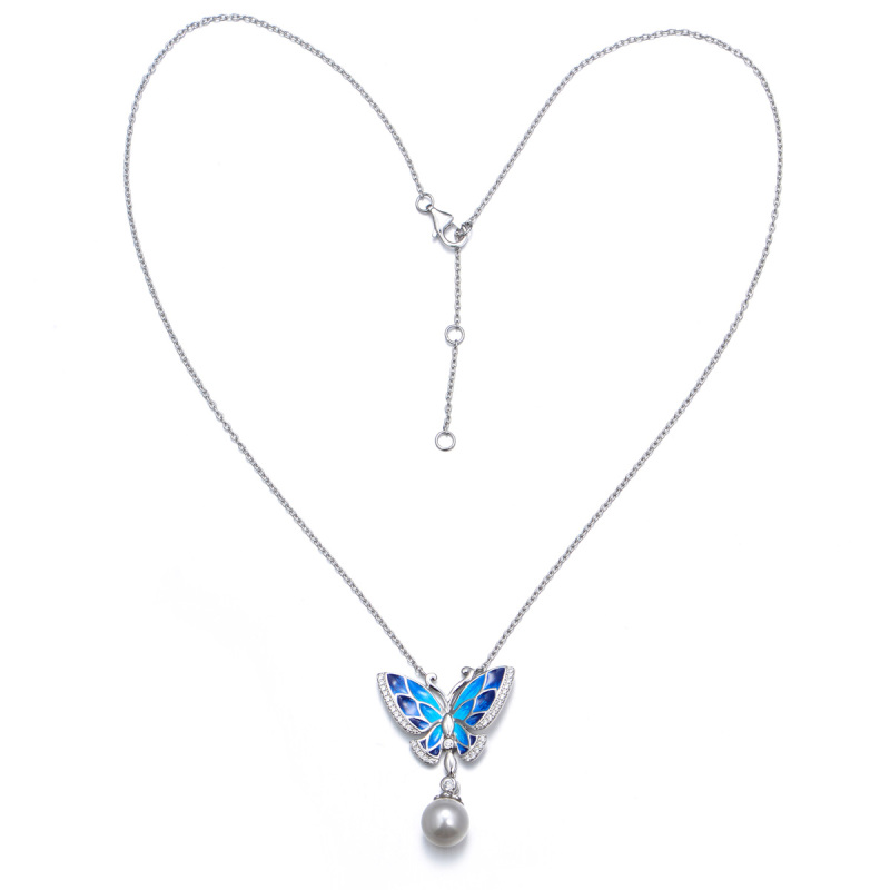 enamel butterfly pearl necklace