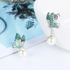 enamel butterfly pearl earrings