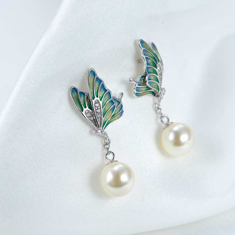 enamel butterfly pearl earrings