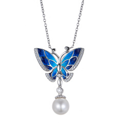 enamel butterfly pearl necklace