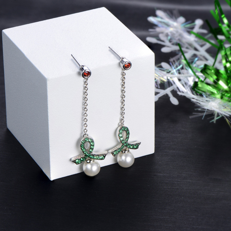 Christmas ribbon pearl long studs earrings