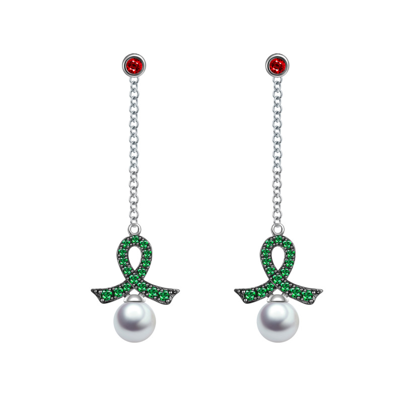 Christmas ribbon pearl long studs earrings