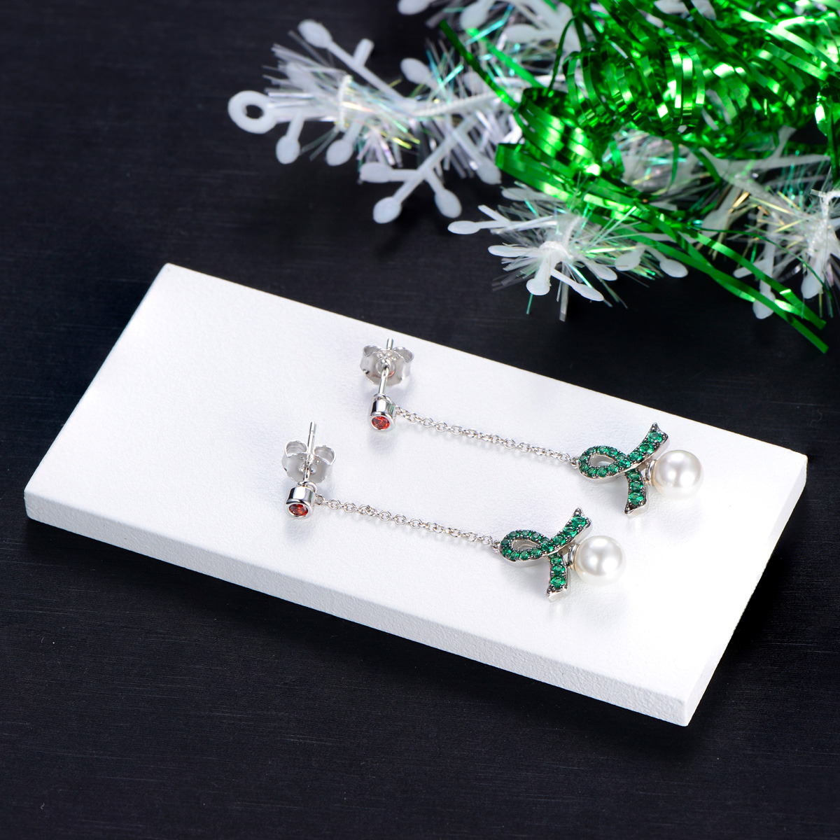 Christmas ribbon pearl long studs earrings