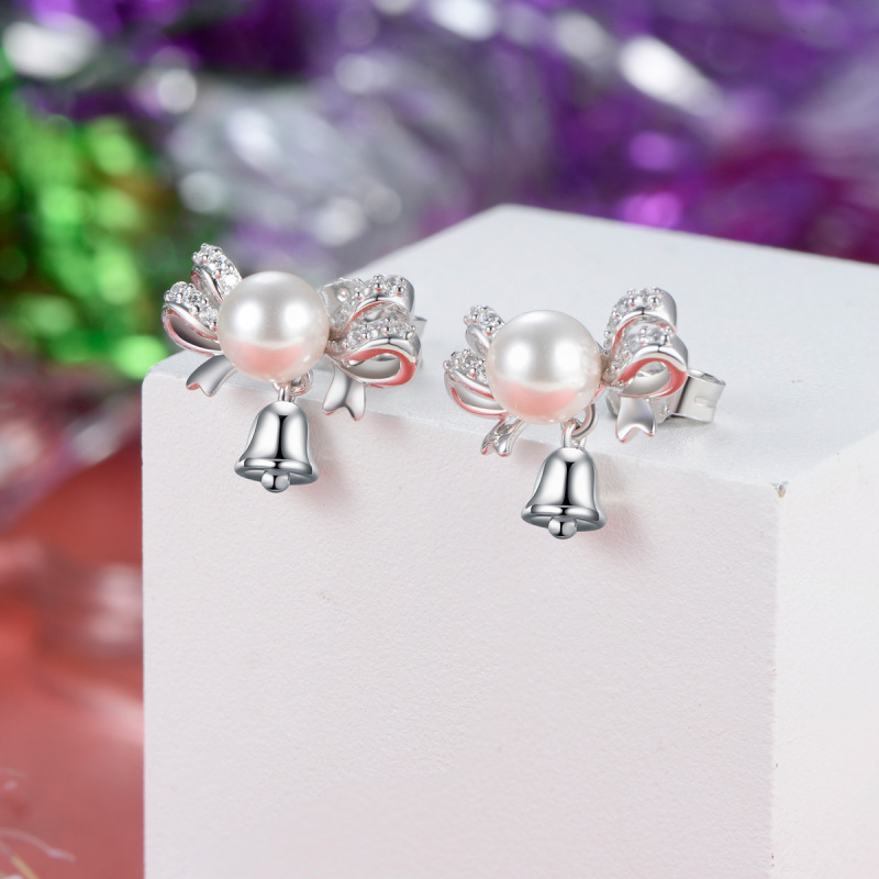 Christmas bell bow tie pearl studs earrings