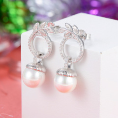 Christmas olive leaf acorn pearl stud earrings