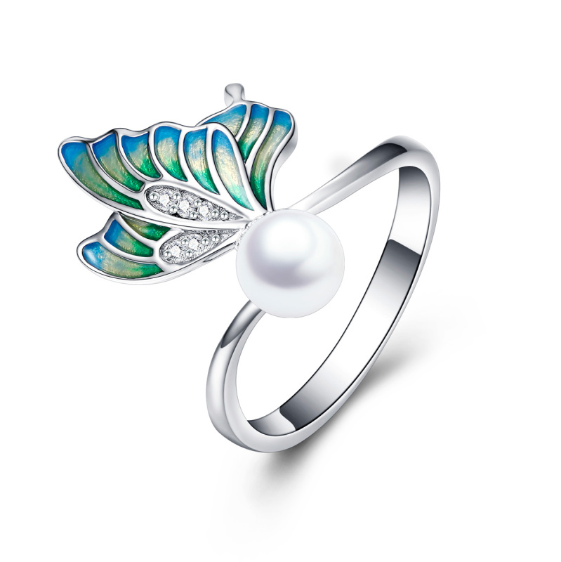 Enamel butterfly pearl ring