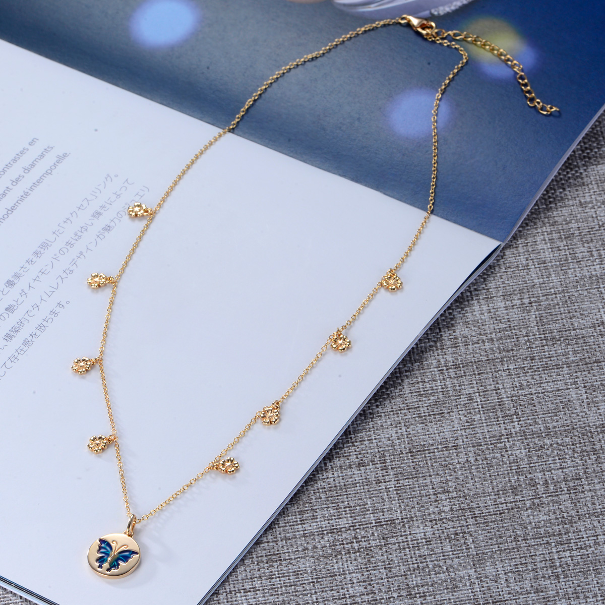 Champagne golden butterfly enamel necklace